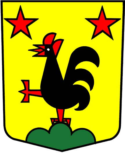 In Gold, auf grünem Dreiberg, ein rotbewehrter schwarzer Hahn, im rechten und im linken Obereck je ein fünfstrahliger roter Stern